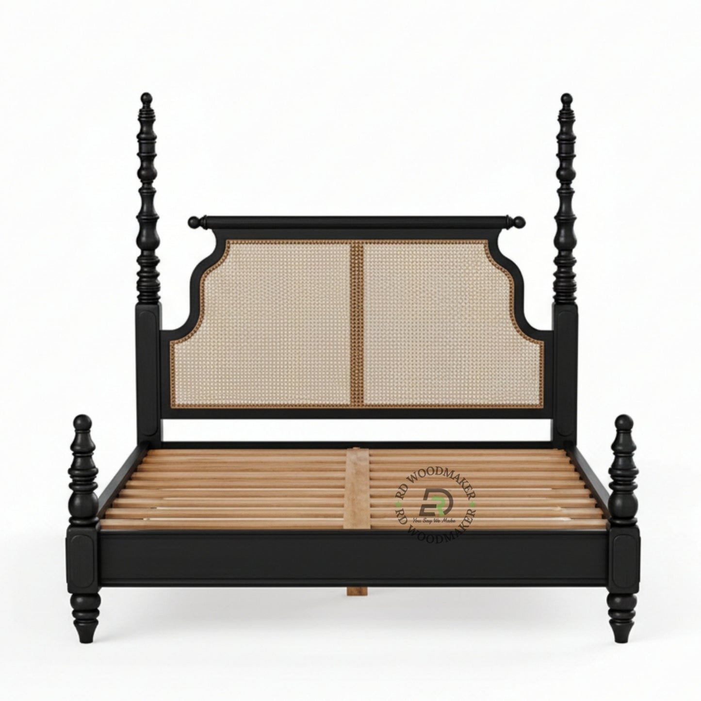  LUXURY BLACK SOLID WOOD POSTER BED WITH NATURAL CANE HEADBOARD