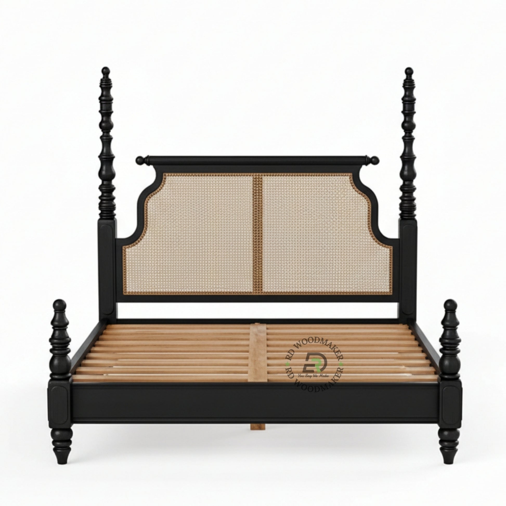  LUXURY BLACK SOLID WOOD POSTER BED WITH NATURAL CANE HEADBOARD