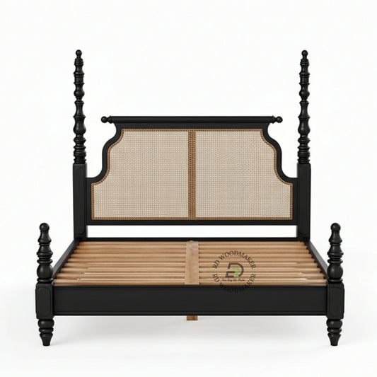  LUXURY BLACK SOLID WOOD POSTER BED WITH NATURAL CANE HEADBOARD
