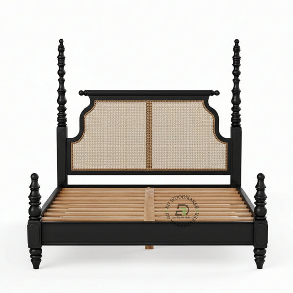  LUXURY BLACK SOLID WOOD POSTER BED WITH NATURAL CANE HEADBOARD