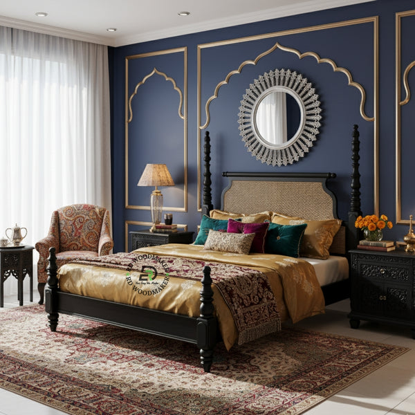 LUXURY BLACK SOLID WOOD POSTER BED WITH NATURAL CANE HEADBOARD