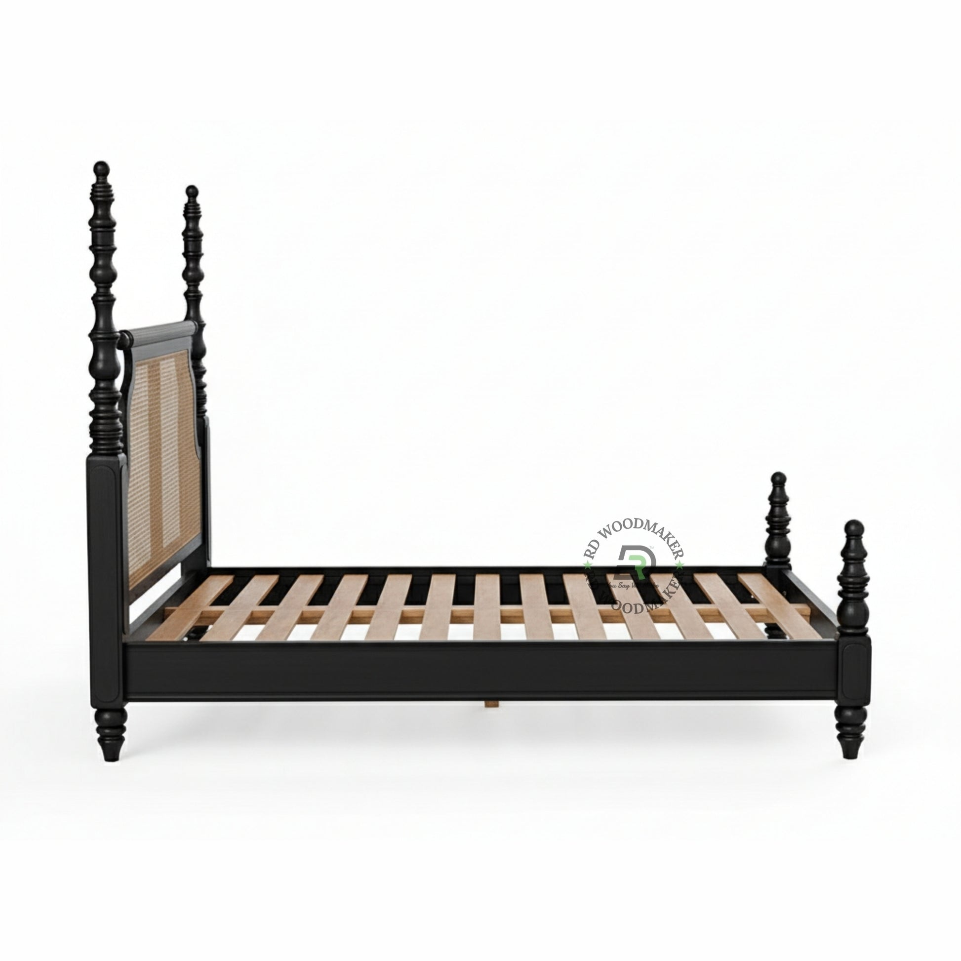  LUXURY BLACK SOLID WOOD POSTER BED WITH NATURAL CANE HEADBOARD