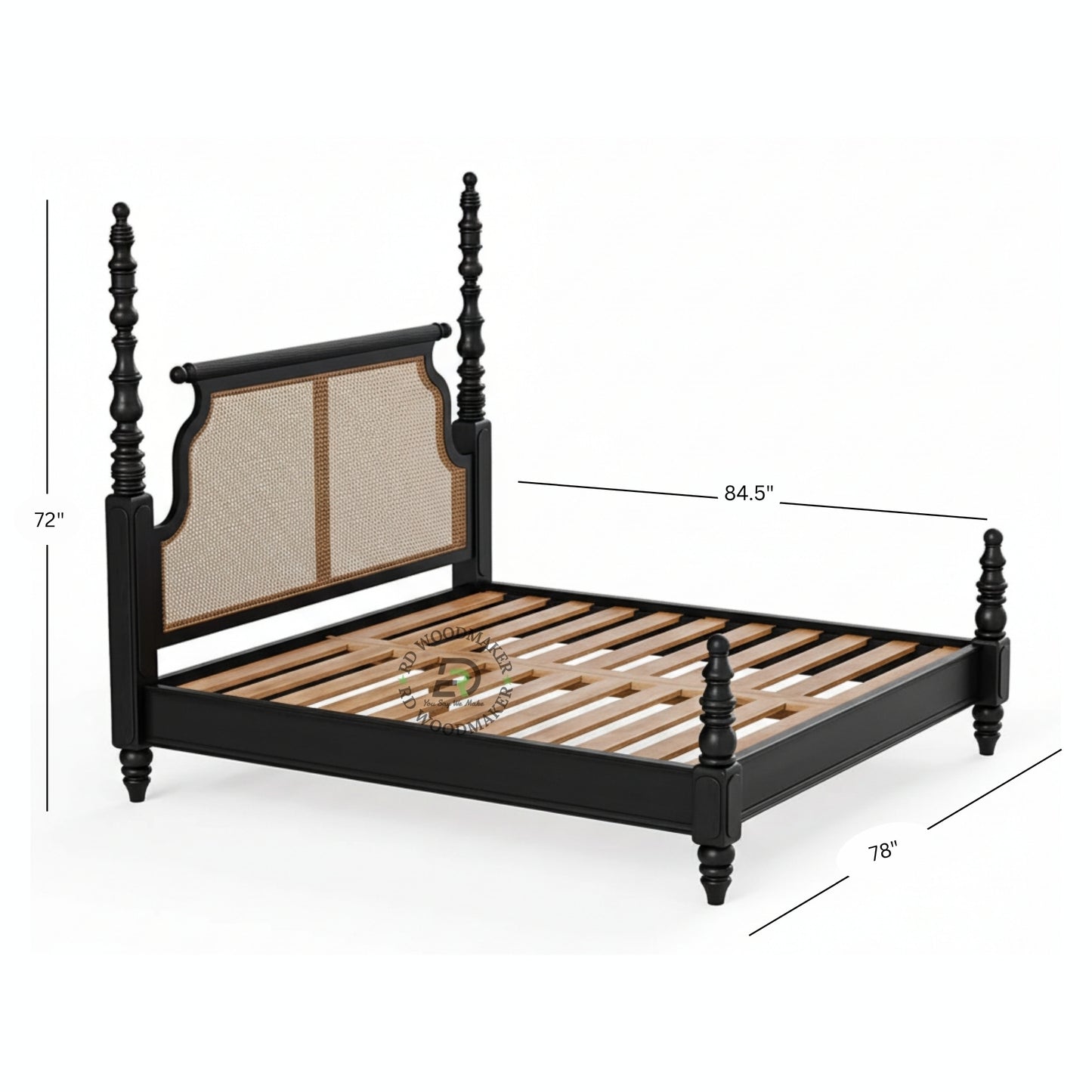  LUXURY BLACK SOLID WOOD POSTER BED WITH NATURAL CANE HEADBOARD