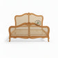  FRENCH PROVINCIAL SOLID WOOD CARVED BED WITH RATTAN CANE PANELS