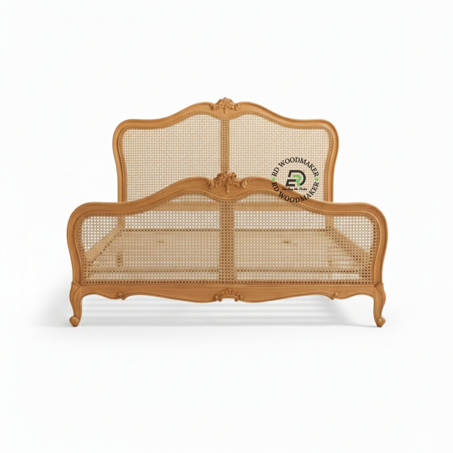  FRENCH PROVINCIAL SOLID WOOD CARVED BED WITH RATTAN CANE PANELS