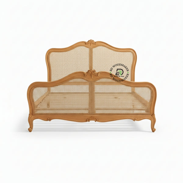  FRENCH PROVINCIAL SOLID WOOD CARVED BED WITH RATTAN CANE PANELS
