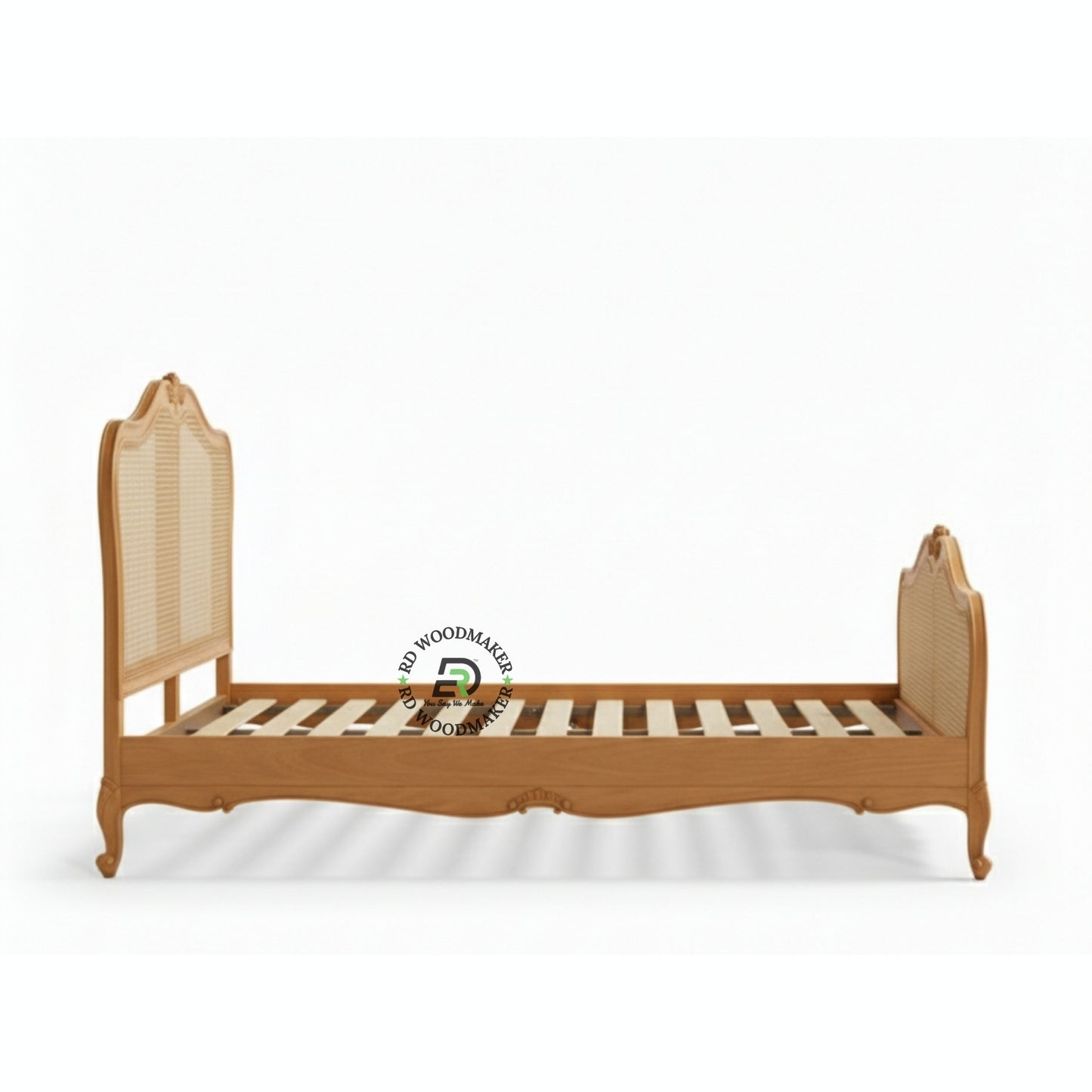  FRENCH PROVINCIAL SOLID WOOD CARVED BED WITH RATTAN CANE PANELS