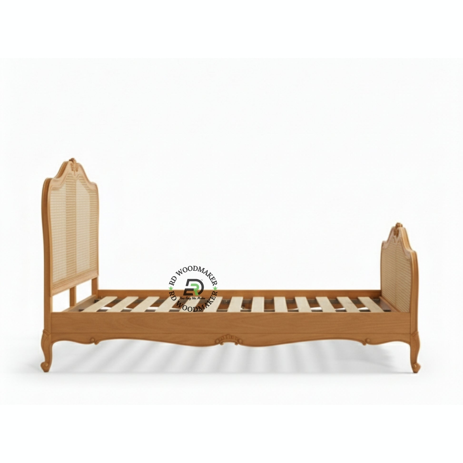  FRENCH PROVINCIAL SOLID WOOD CARVED BED WITH RATTAN CANE PANELS