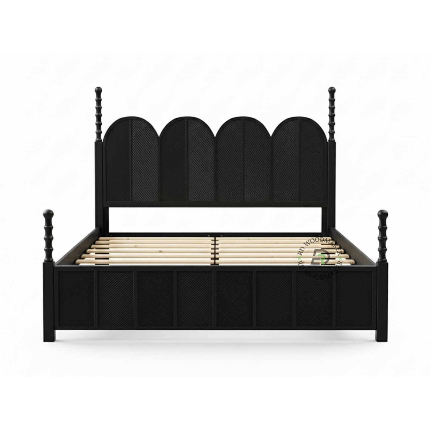  CONTEMPORARY BLACK SOLID WOOD BED WITH ARCHED RATTAN PANELS