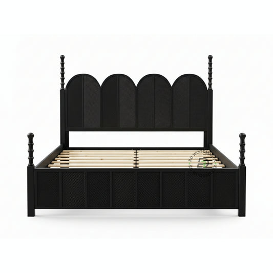  CONTEMPORARY BLACK SOLID WOOD BED WITH ARCHED RATTAN PANELS