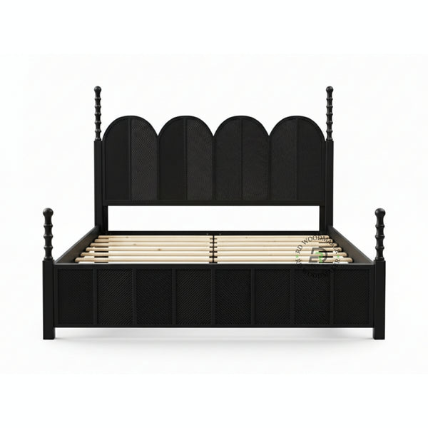  CONTEMPORARY BLACK SOLID WOOD BED WITH ARCHED RATTAN PANELS