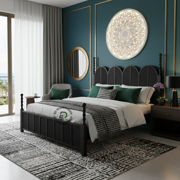  CONTEMPORARY BLACK SOLID WOOD BED WITH ARCHED RATTAN PANELS