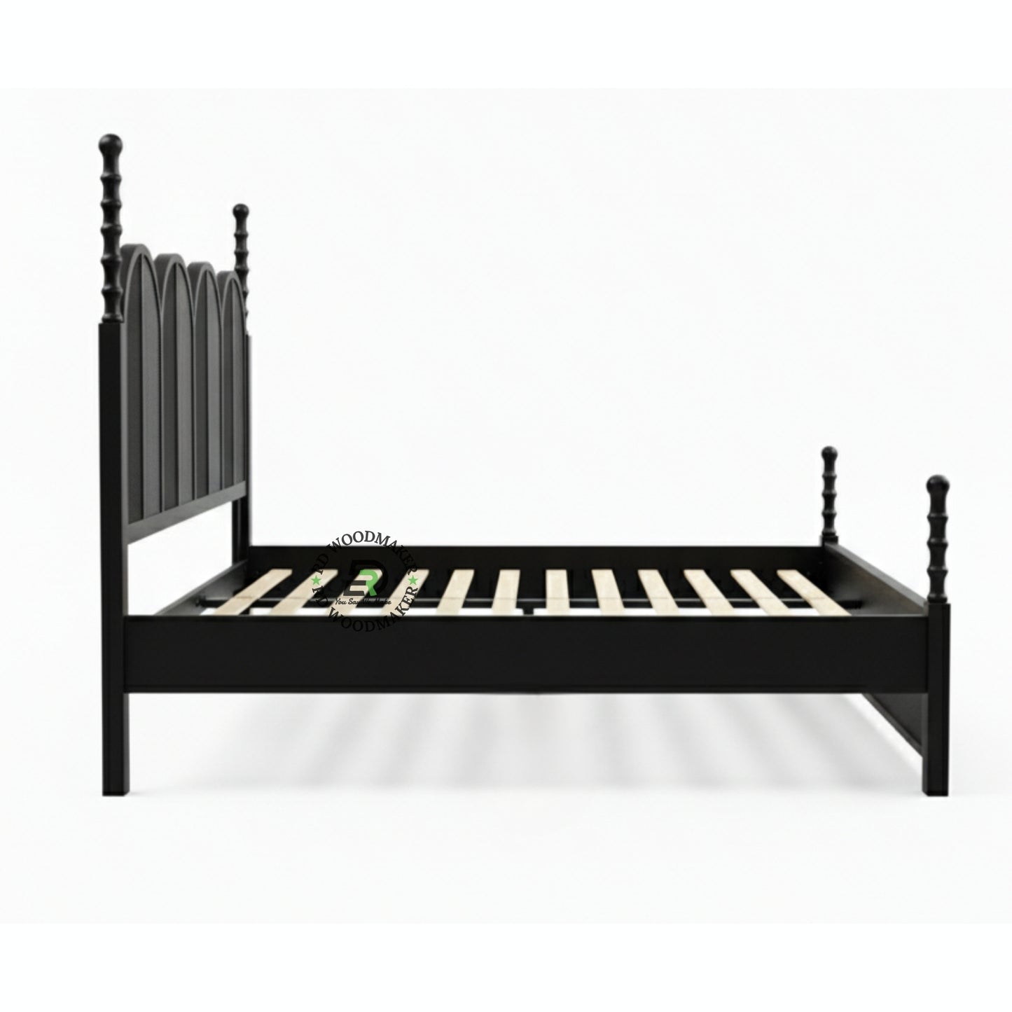  CONTEMPORARY BLACK SOLID WOOD BED WITH ARCHED RATTAN PANELS