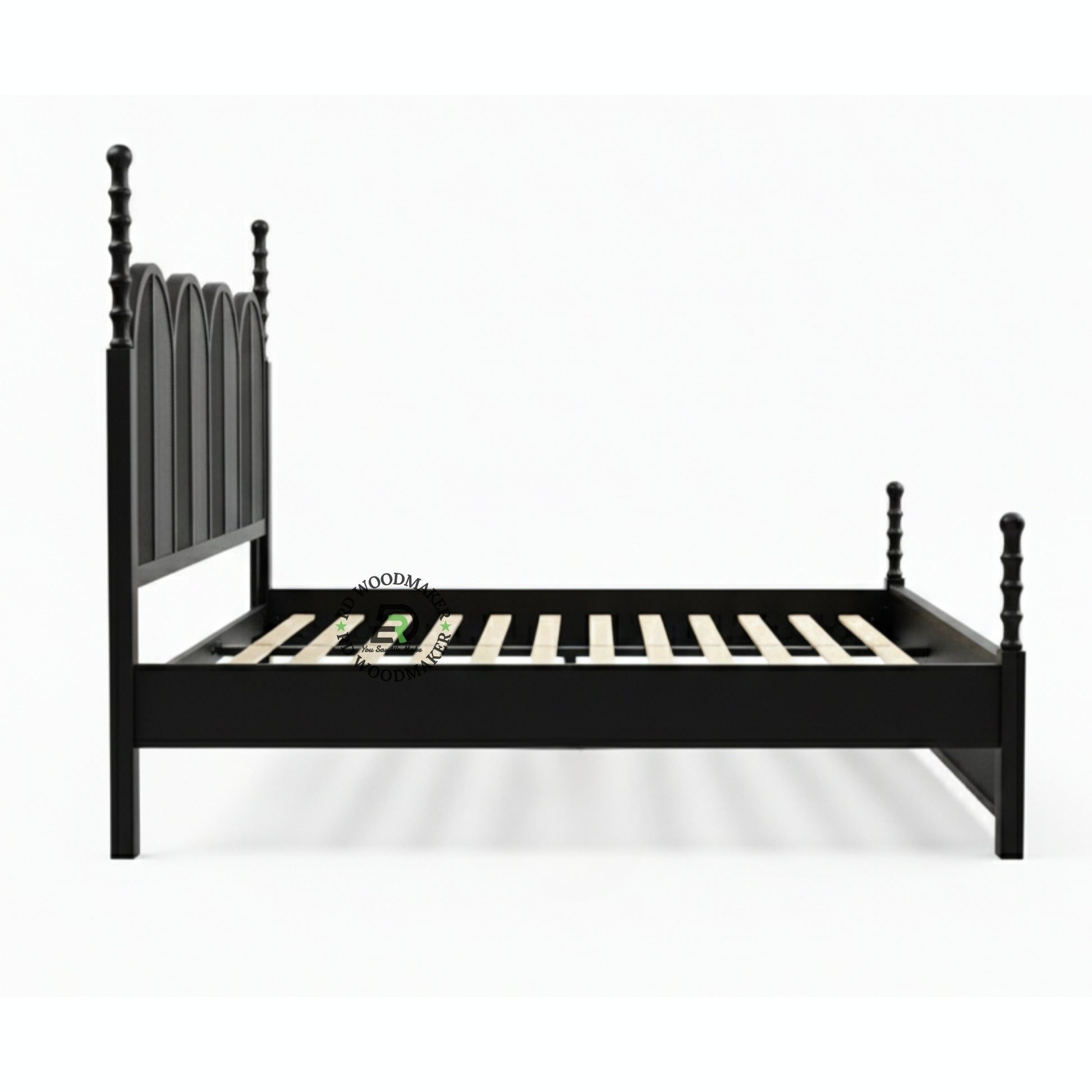  CONTEMPORARY BLACK SOLID WOOD BED WITH ARCHED RATTAN PANELS