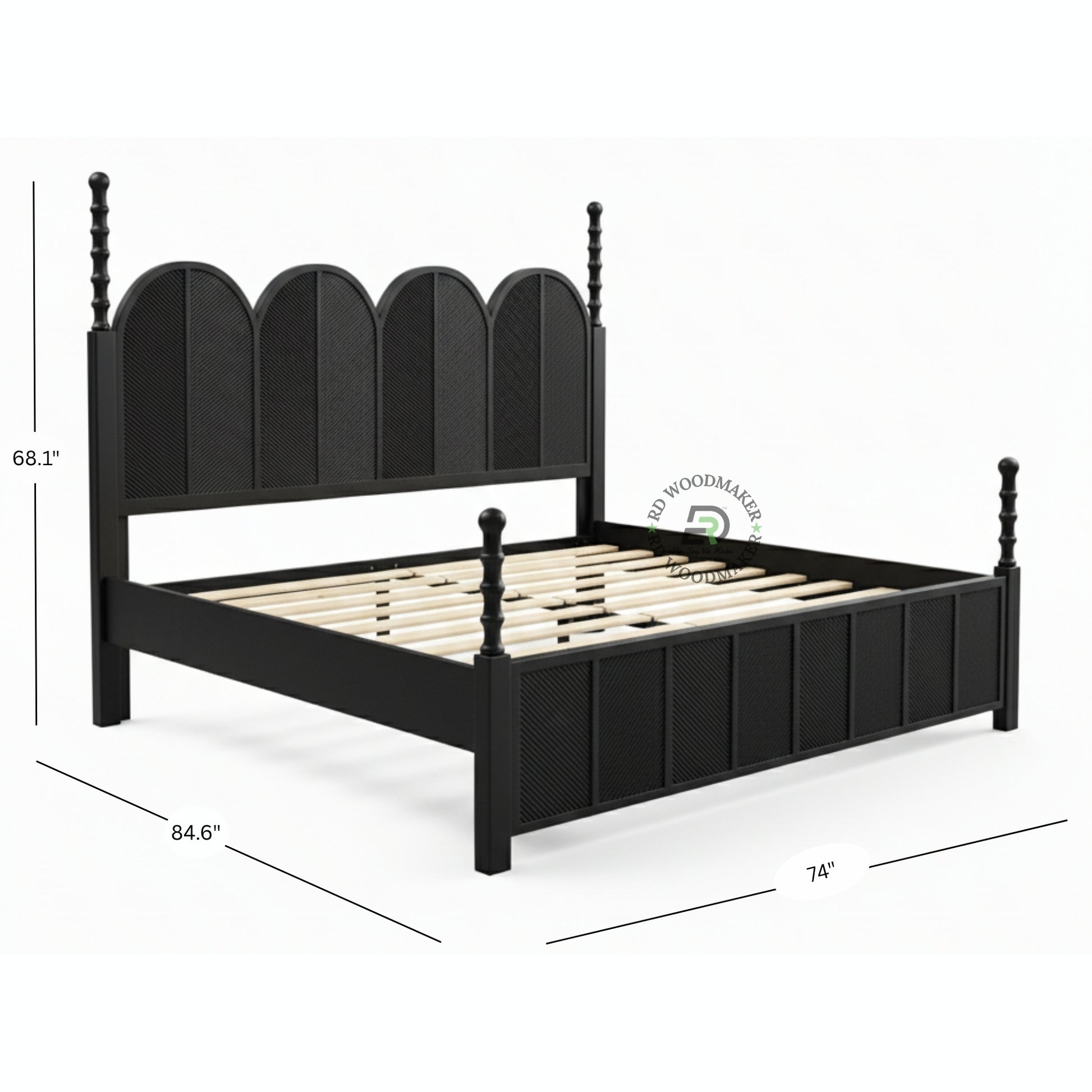  CONTEMPORARY BLACK SOLID WOOD BED WITH ARCHED RATTAN PANELS