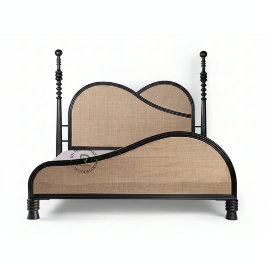 MODERN ASYMMETRICAL SOLID WOOD BED WITH CURVED CANE HEADBOARD