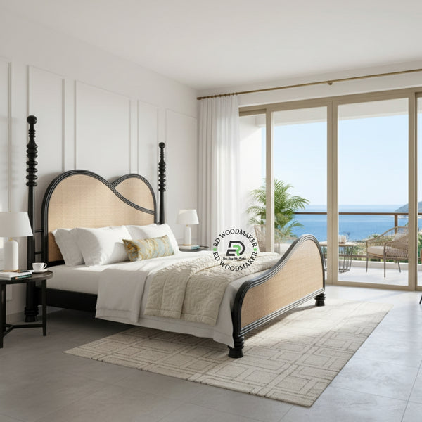 MODERN ASYMMETRICAL SOLID WOOD BED WITH CURVED CANE HEADBOARD