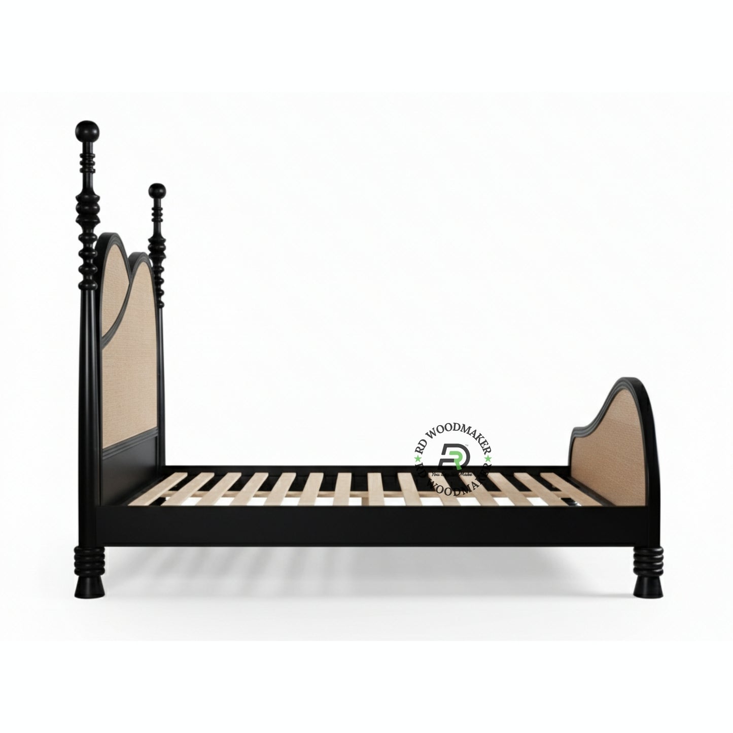 MODERN ASYMMETRICAL SOLID WOOD BED WITH CURVED CANE HEADBOARD