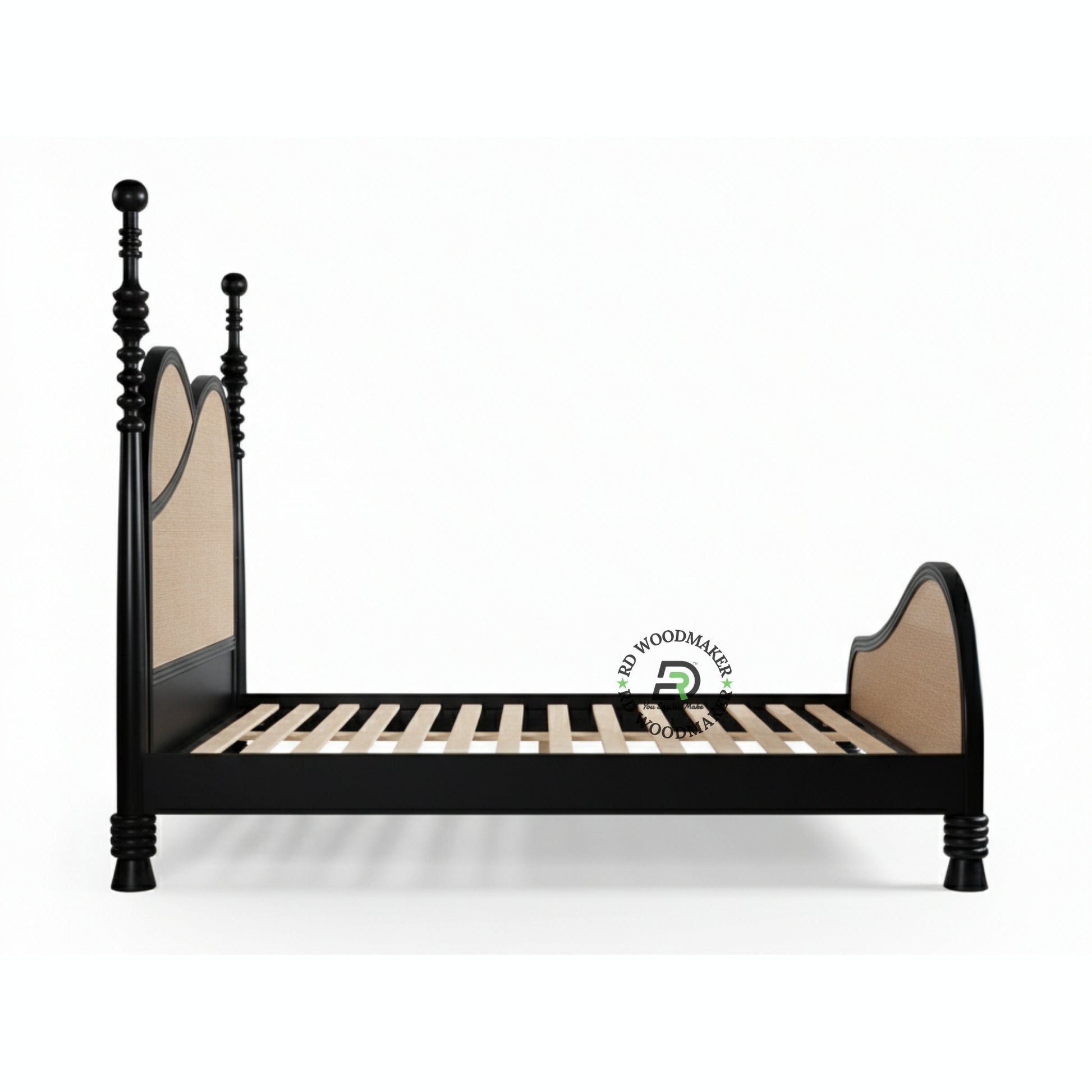 MODERN ASYMMETRICAL SOLID WOOD BED WITH CURVED CANE HEADBOARD