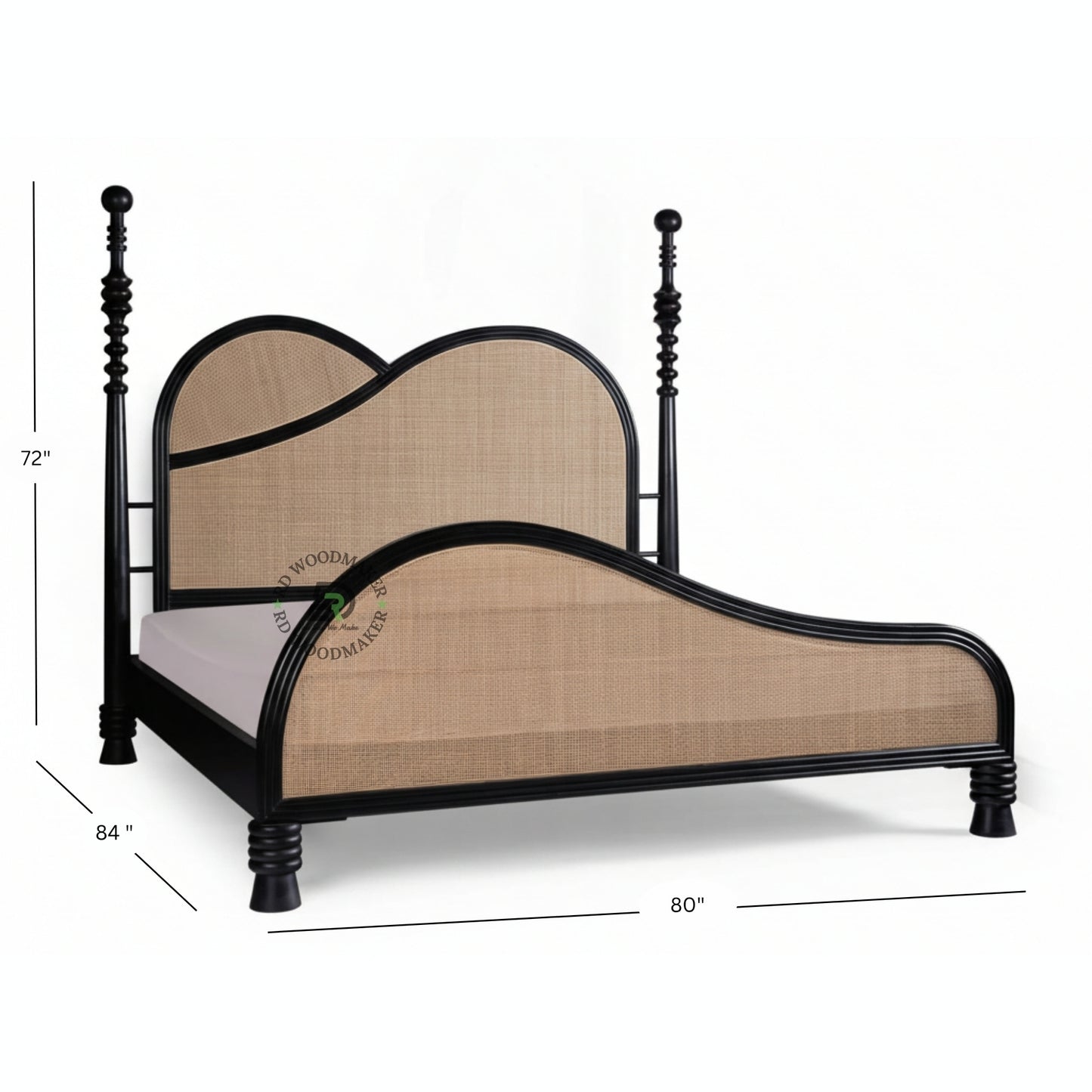 MODERN ASYMMETRICAL SOLID WOOD BED WITH CURVED CANE HEADBOARD