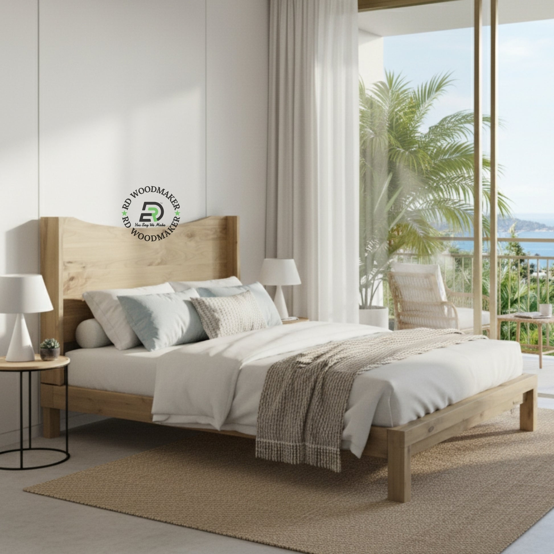 MINIMALIST NATURAL SOLID WOOD PLATFORM BED WITH CURVED HEADBOARD