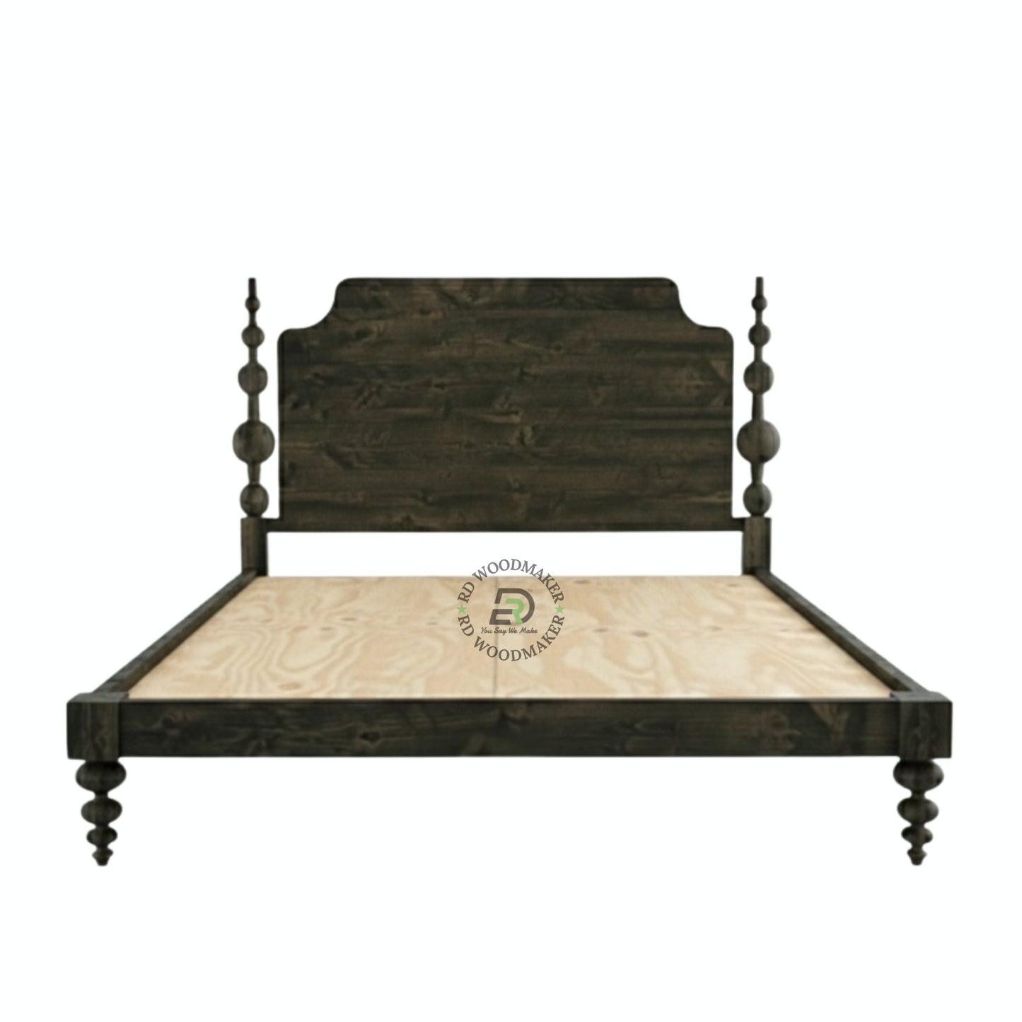 VINTAGE DARK WOOD BOBBIN POSTER BED WITH SHAPED HEADBOARD