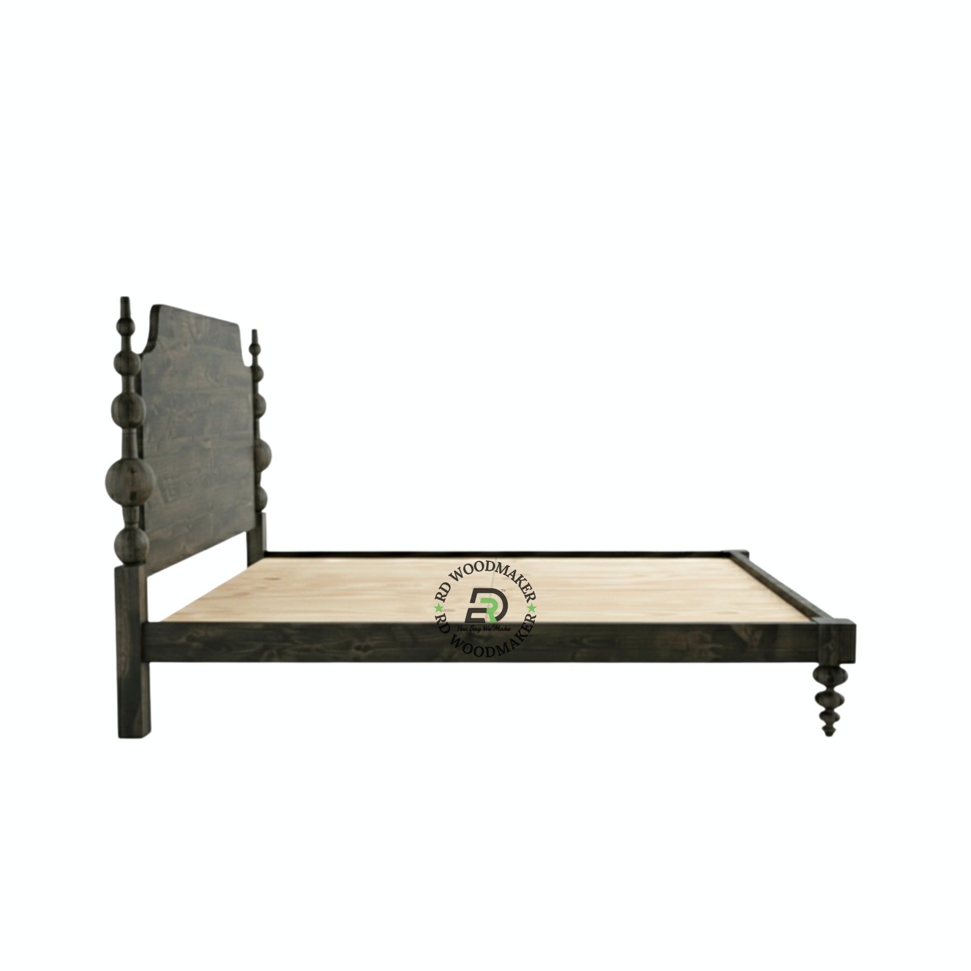 VINTAGE DARK WOOD BOBBIN POSTER BED WITH SHAPED HEADBOARD