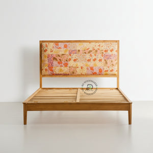 BOHO STYLE SOLID WOOD BED WITH PATCHWORK FLORAL UPHOLSTERED HEADBOARD
