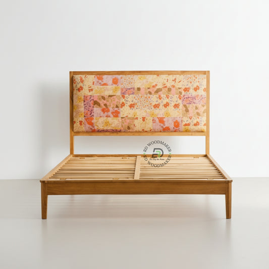 BOHO STYLE SOLID WOOD BED WITH PATCHWORK FLORAL UPHOLSTERED HEADBOARD