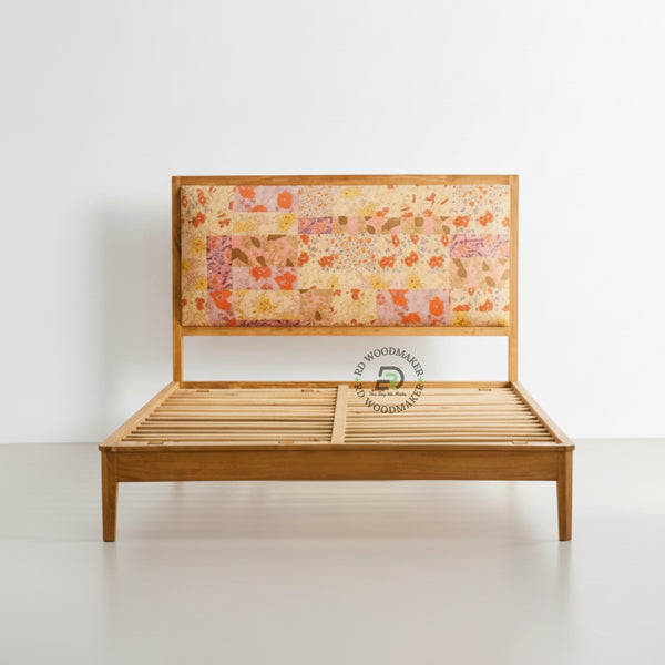 BOHO STYLE SOLID WOOD BED WITH PATCHWORK FLORAL UPHOLSTERED HEADBOARD