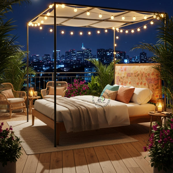 BOHO STYLE SOLID WOOD BED WITH PATCHWORK FLORAL UPHOLSTERED HEADBOARD