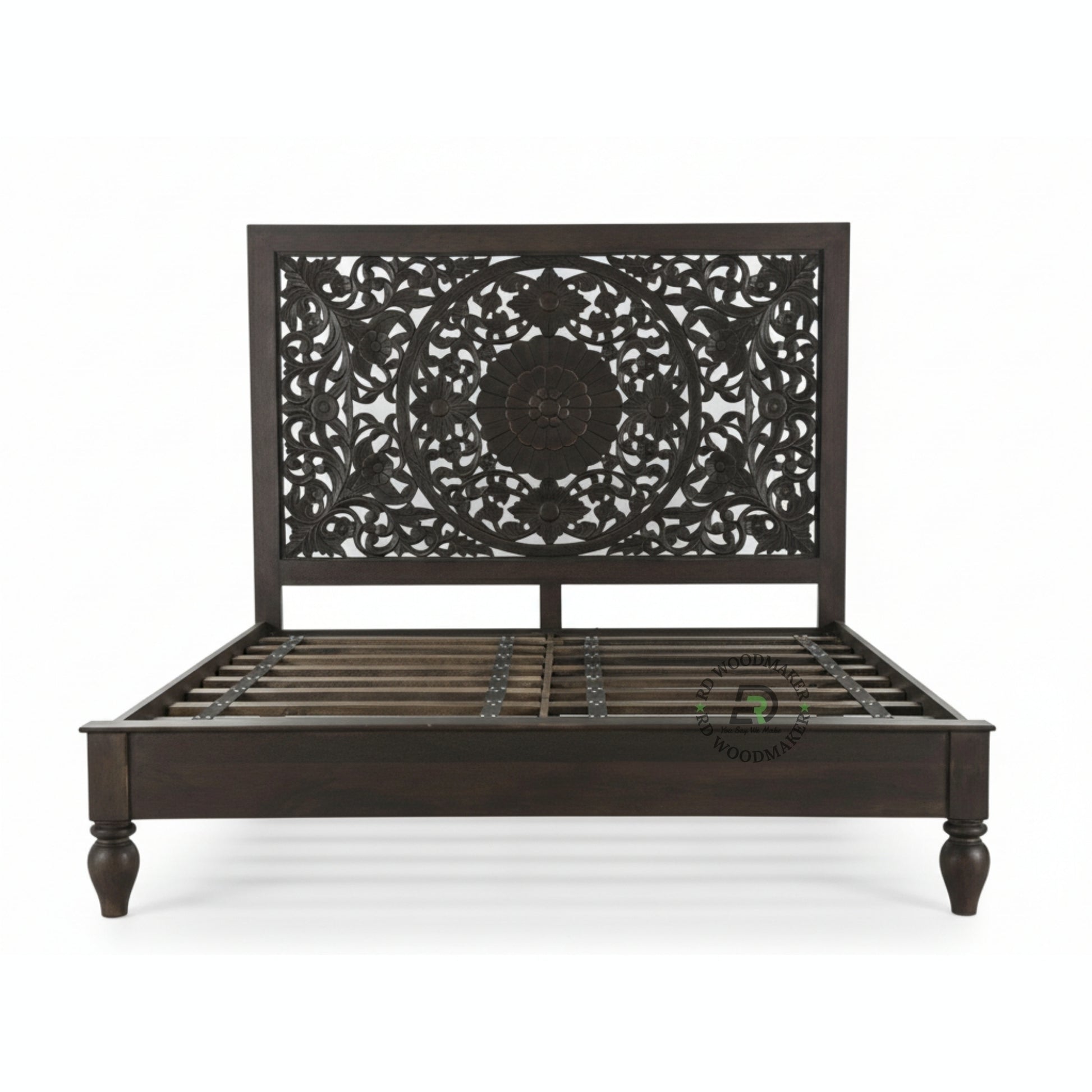 LUXURY DARK WOOD BED WITH INTRICATELY CARVED MANDALA HEADBOARD
