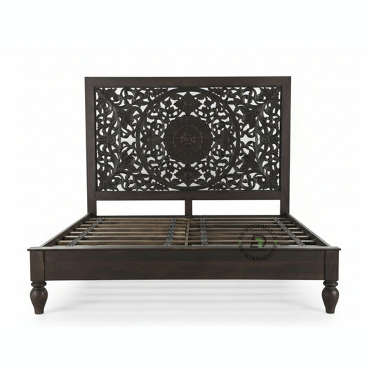 LUXURY DARK WOOD BED WITH INTRICATELY CARVED MANDALA HEADBOARD