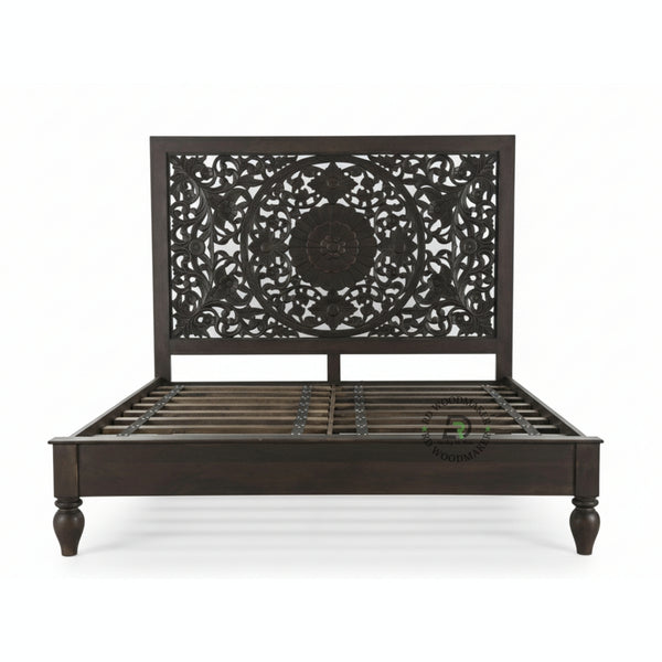 LUXURY DARK WOOD BED WITH INTRICATELY CARVED MANDALA HEADBOARD