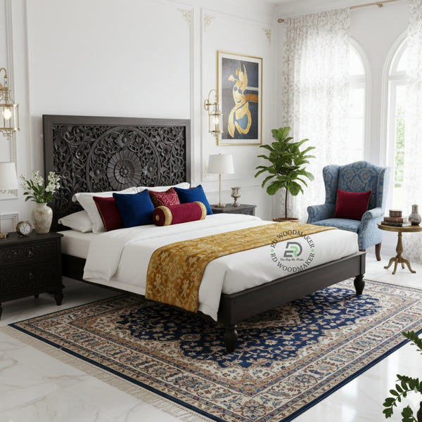 LUXURY DARK WOOD BED WITH INTRICATELY CARVED MANDALA HEADBOARD