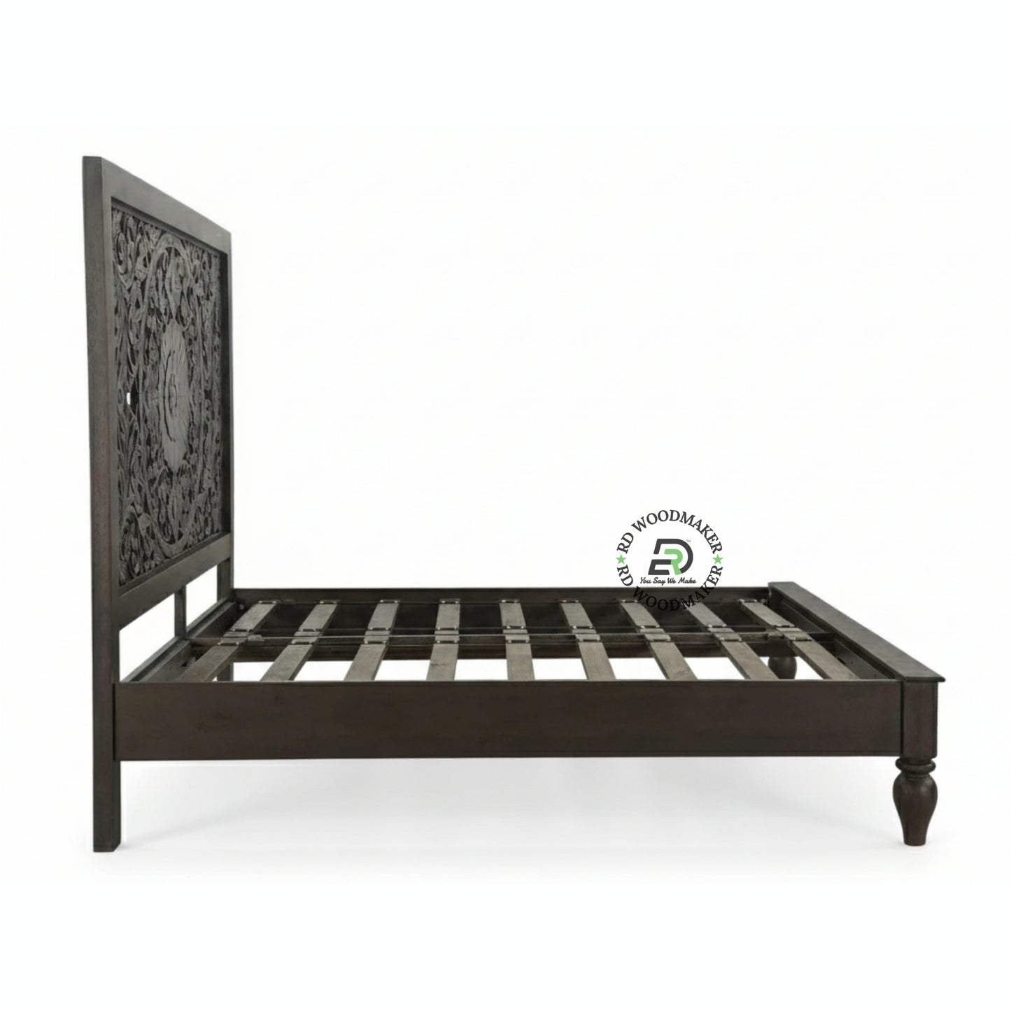 LUXURY DARK WOOD BED WITH INTRICATELY CARVED MANDALA HEADBOARD