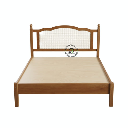 VINTAGE STYLE SOLID WOOD KING SIZE BED WITH CANE RATTAN HEADBOARD
