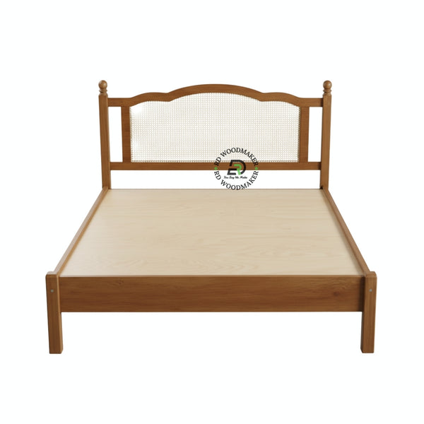 VINTAGE STYLE SOLID WOOD KING SIZE BED WITH CANE RATTAN HEADBOARD