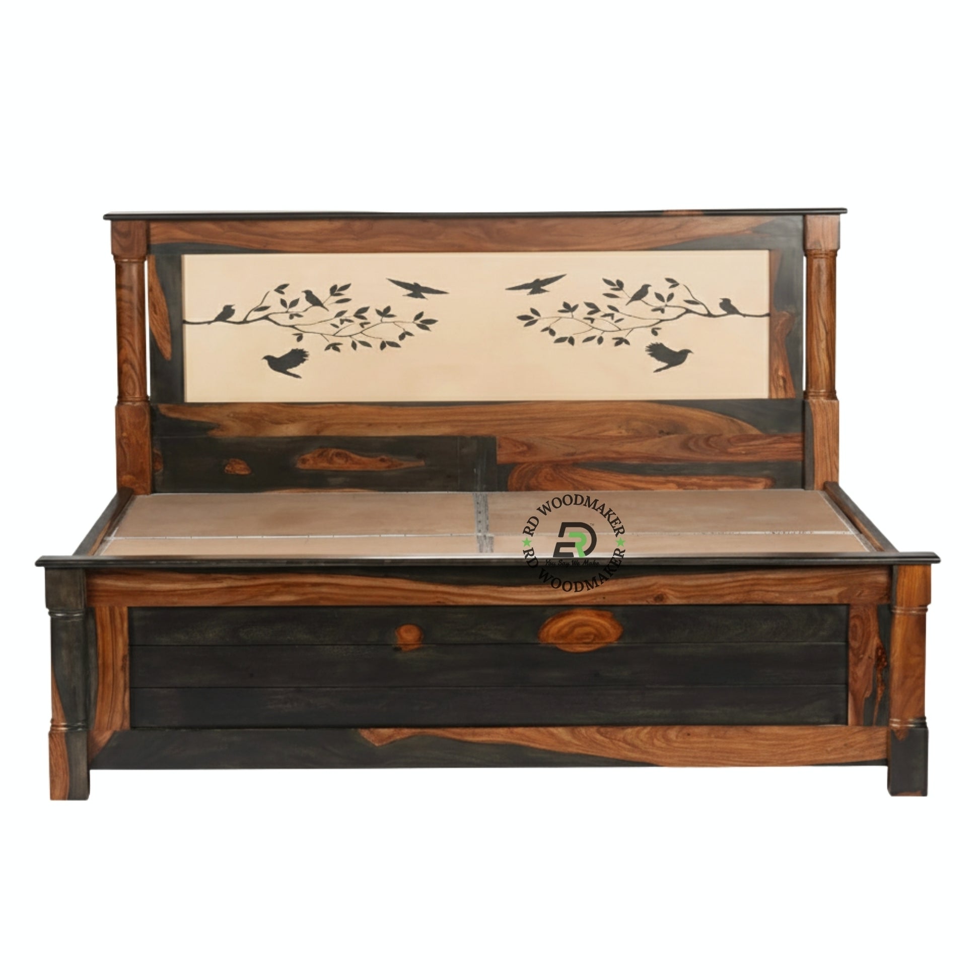  SOLID SHEESHAM WOOD KING SIZE STORAGE BED WITH BIRD MOTIF HEADBOARD