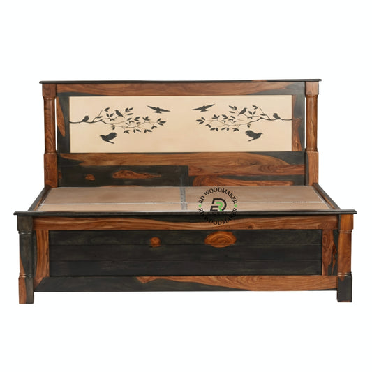  SOLID SHEESHAM WOOD KING SIZE STORAGE BED WITH BIRD MOTIF HEADBOARD