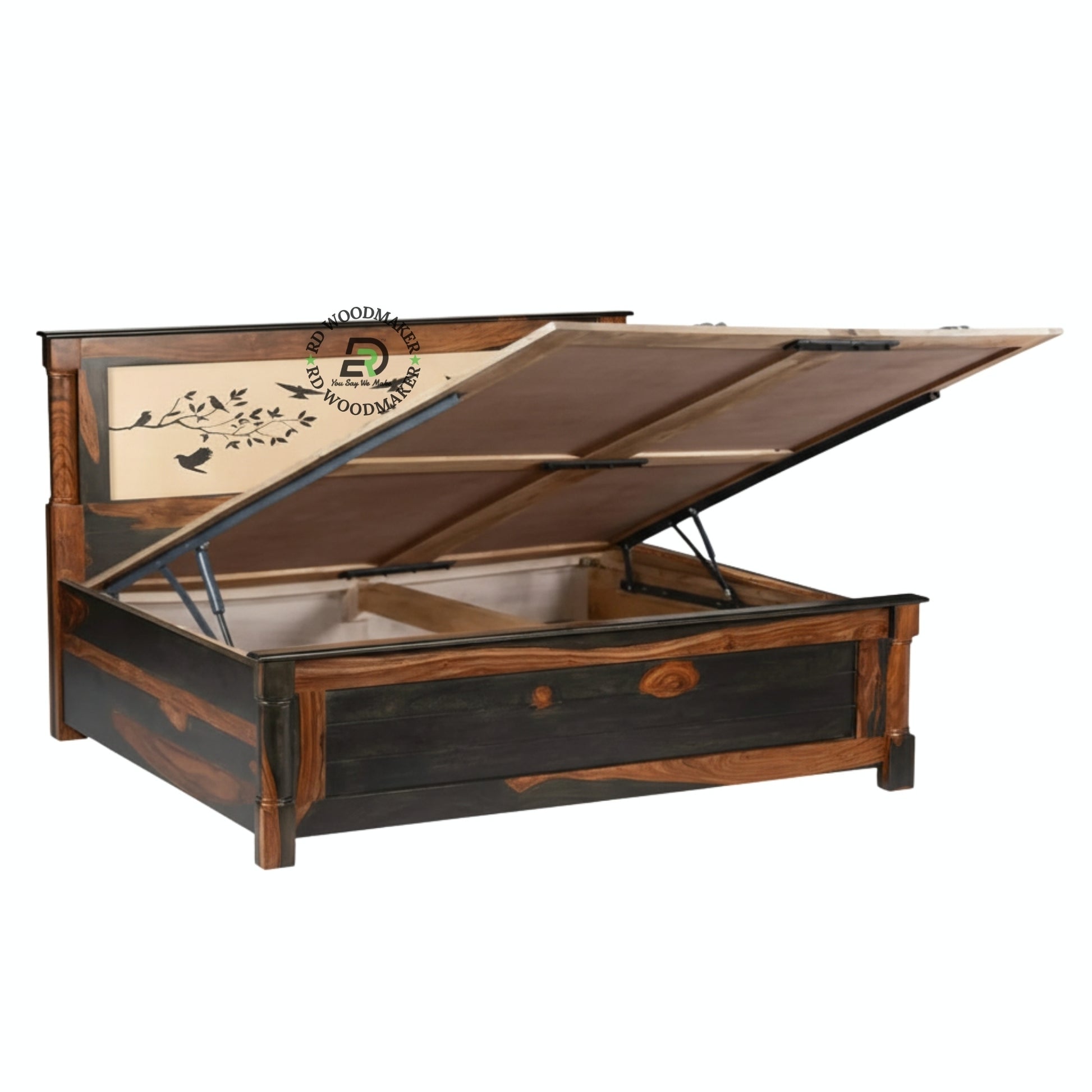  SOLID SHEESHAM WOOD KING SIZE STORAGE BED WITH BIRD MOTIF HEADBOARD
