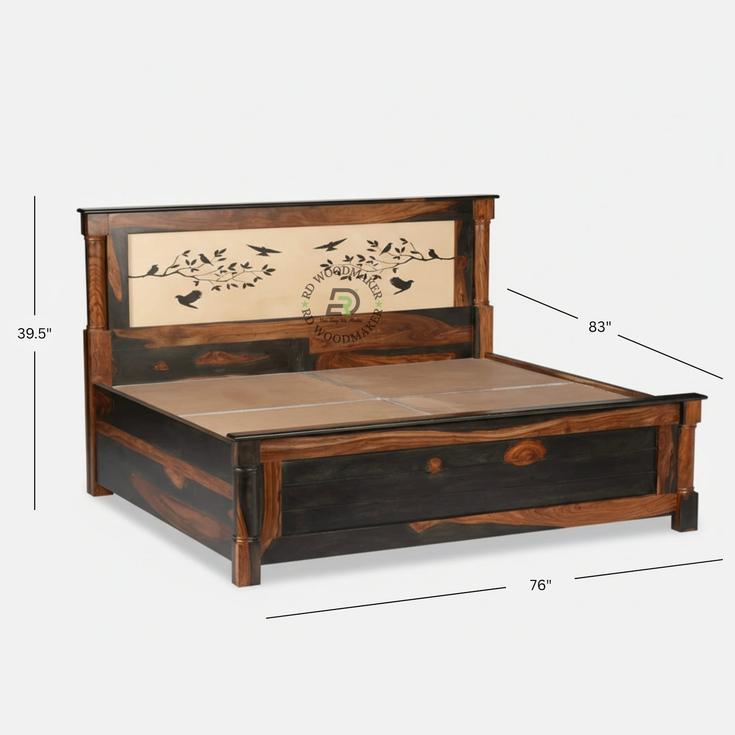  SOLID SHEESHAM WOOD KING SIZE STORAGE BED WITH BIRD MOTIF HEADBOARD