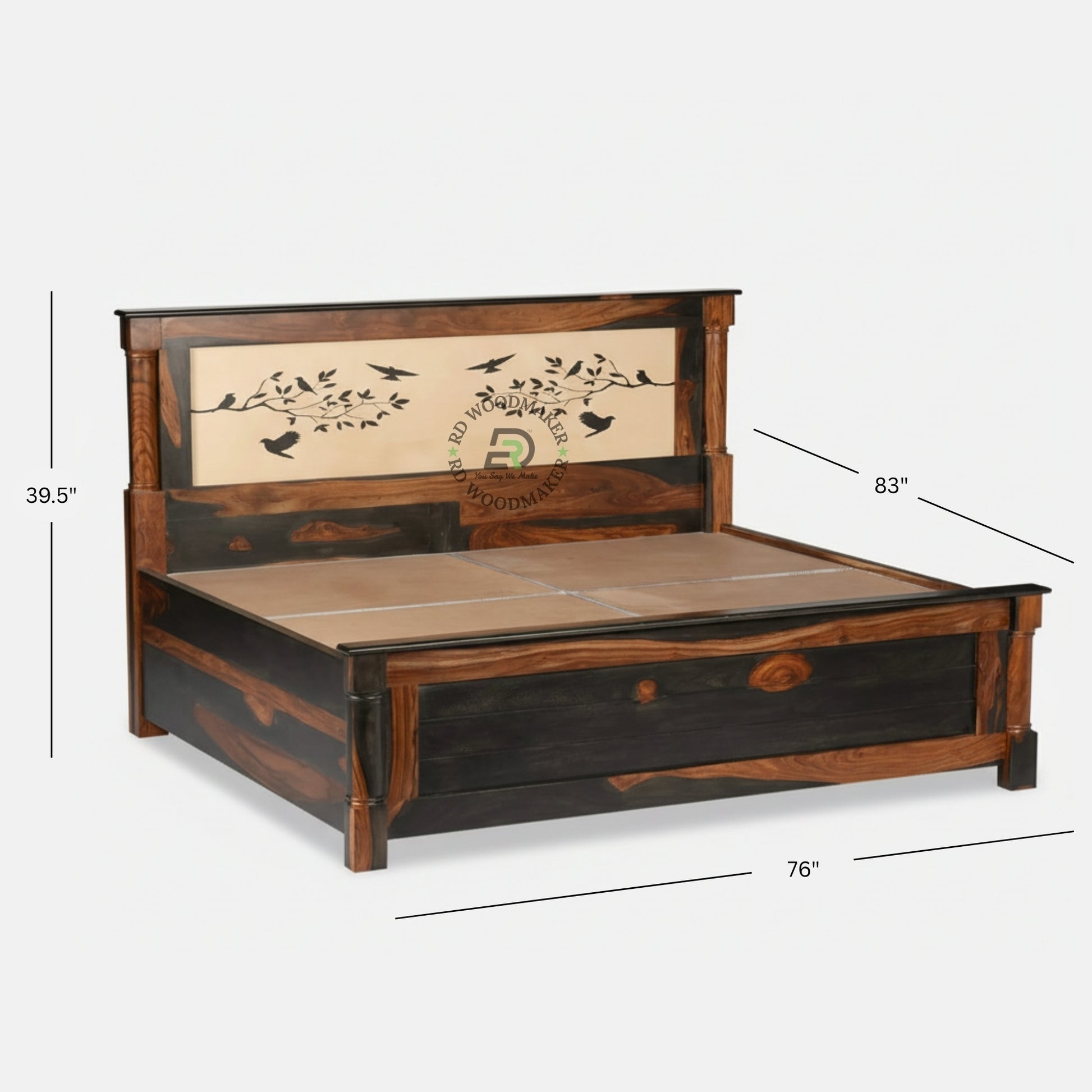  SOLID SHEESHAM WOOD KING SIZE STORAGE BED WITH BIRD MOTIF HEADBOARD