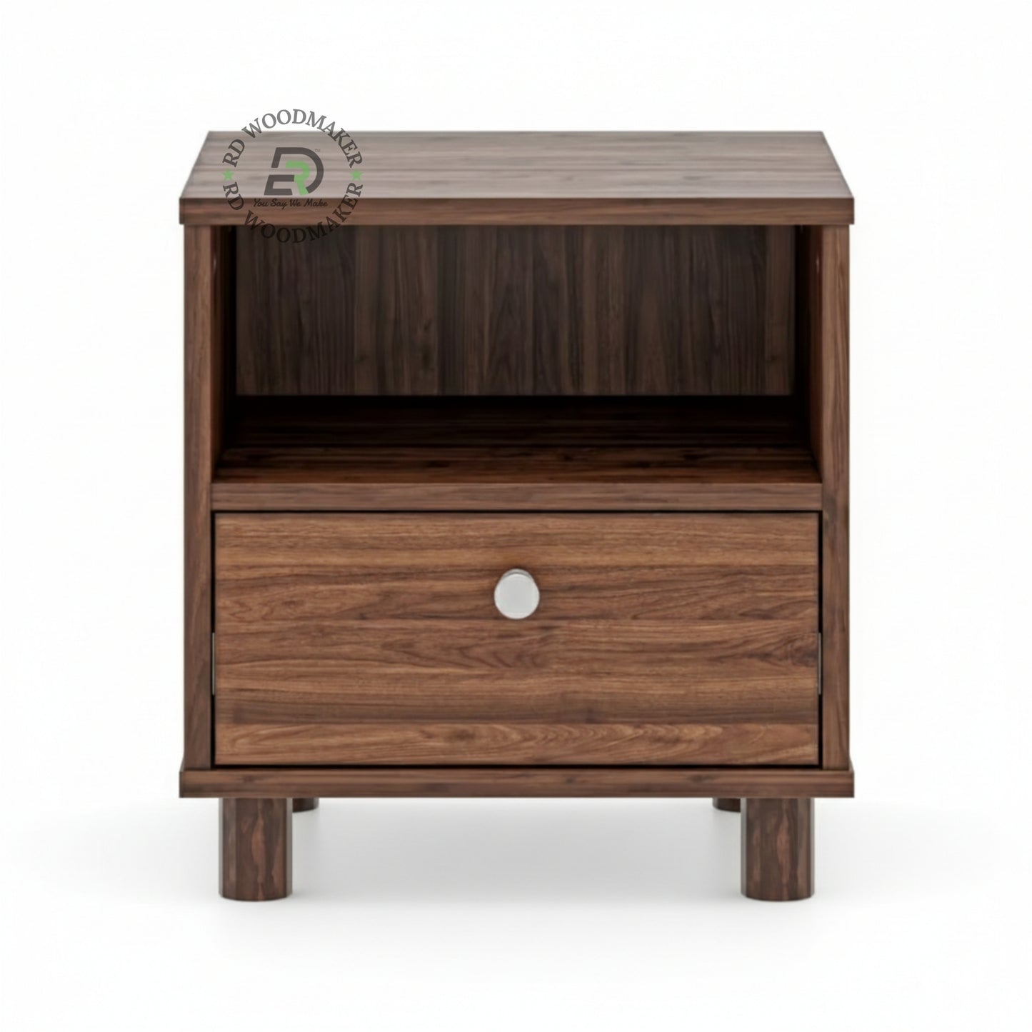 MODERN WOODEN BEDSIDE TABLE WITH OPEN SHELF & DRAWER