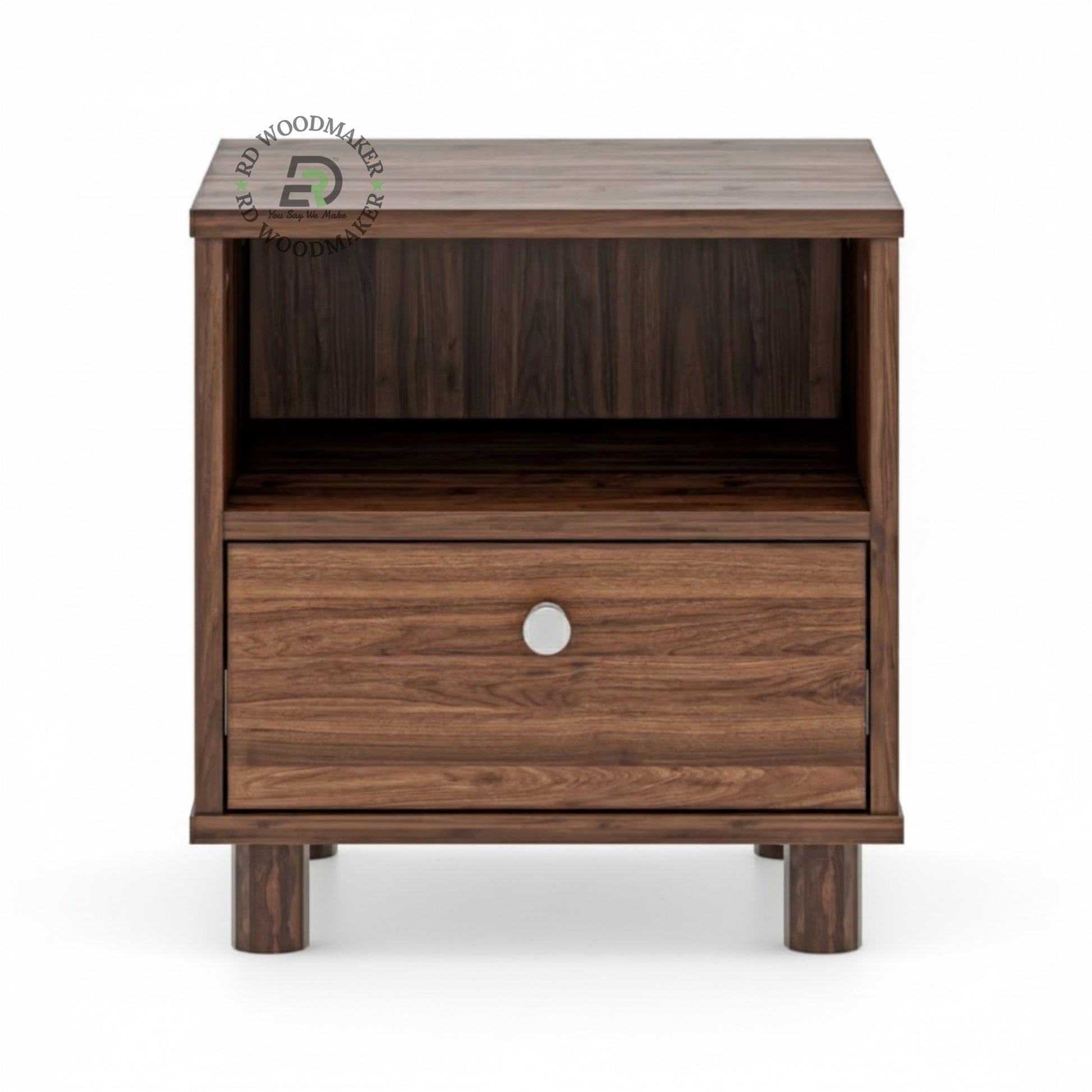 MODERN WOODEN BEDSIDE TABLE WITH OPEN SHELF & DRAWER
