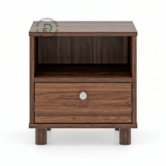 MODERN WOODEN BEDSIDE TABLE WITH OPEN SHELF & DRAWER
