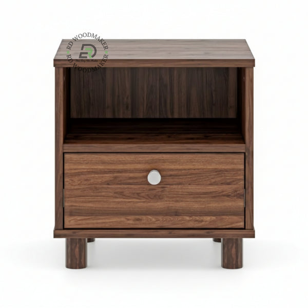 MODERN WOODEN BEDSIDE TABLE WITH OPEN SHELF & DRAWER