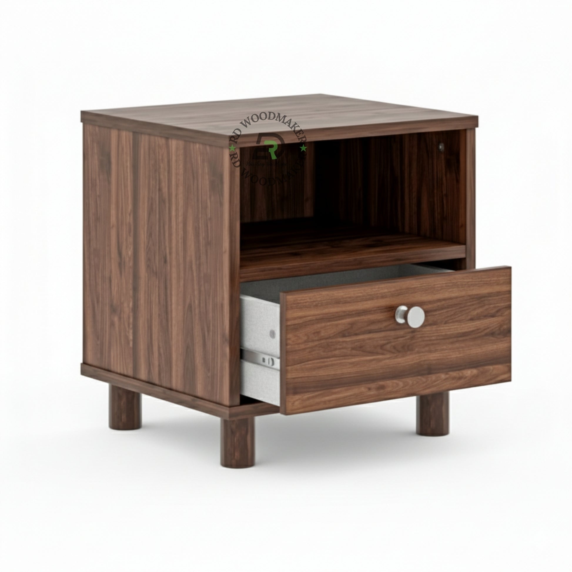 MODERN WOODEN BEDSIDE TABLE WITH OPEN SHELF & DRAWER