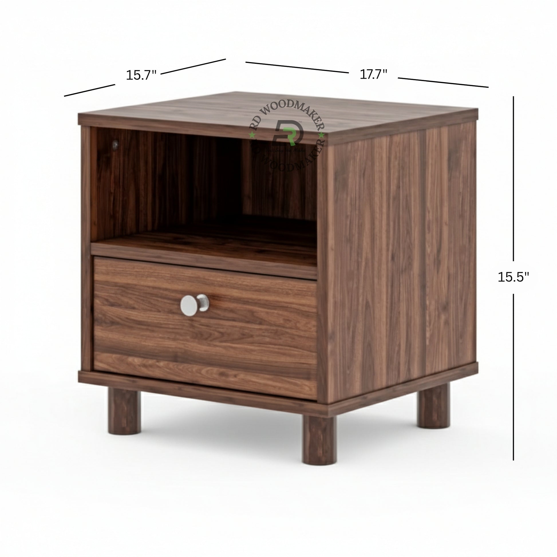 MODERN WOODEN BEDSIDE TABLE WITH OPEN SHELF & DRAWER