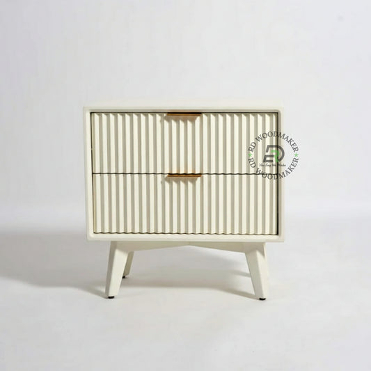 MODERN FLUTED WHITE BEDSIDE TABLE WITH 2 DRAWERS